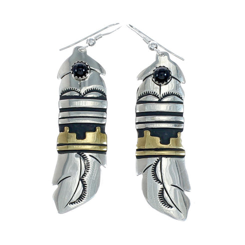 Native American Sterling Silver 12 Karat Gold Filled And Onyx Hook Dangle Earrings NN20358